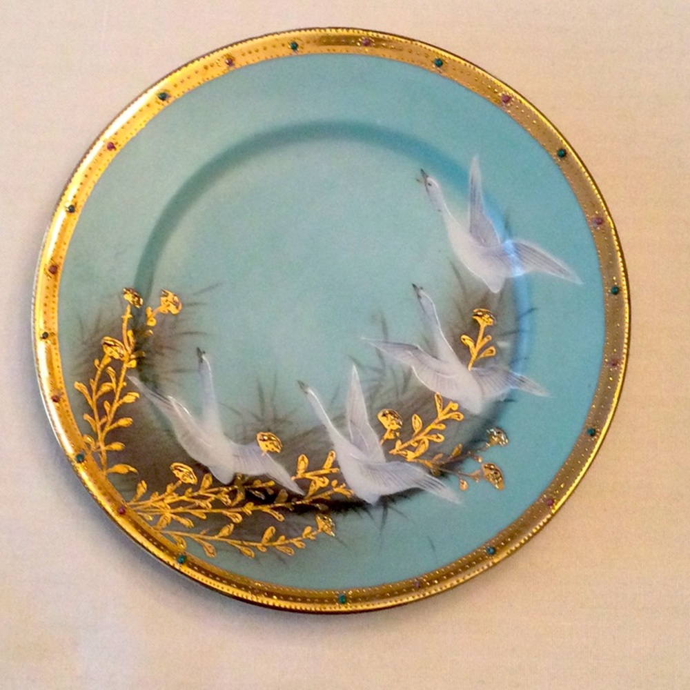 Rare Hand Painted Nippon Aqua Plate with Flying Swans and Gold Beaded Trim